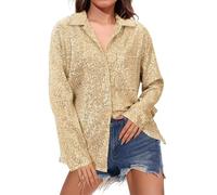 Cocila T-Shirts Femme Spring and Autumn Summer Long Sleeve Fashionable Sequin Lapel Solid Color Casual Shirt Manches Courtes Top Coton Blouse Ete Fluide Haut Sport T-Shirt Oversize Tee Respirant Or S