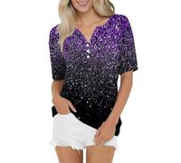 Cocila T Shirts Manches Courtes pour Femmes Haut DéContracté à Paillettes Fines DéGradé De Couleur Boutons Blouse Femmes Tee Shirts Femme 3/4 Pull Blanc Femme Chic Et Elegant Haut Noir Vetement