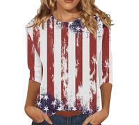 Cocila Tee Shirt Dentelle T-Shirt Patriotique À Manches 3/4 pour Femme, Col du Cou, Motif Drapeau Américain Et Rayures, Style Décontracté, 4 Juillet Amoureuse Chemisier Femme Grande Taille