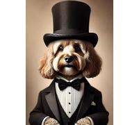 Cockapoo portant un chapeau haut de forme et des queues - Cockerpoo en smoking et nœud papillon chien en costume vintage portrait Cavapoo Art mural - Illustration humoristique sur les toilettes