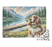 Cocker Spaniel américain Carton Cocker Spaniel au Bord d’Un lac de Montagne Puzzle Classique Cadeau Secret de Noël de Collection 38x26cm/1000 pièces