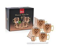 COCKTAIL Moscow Mule Diamond Lot de 4 gobelets de 450 ml, 1 Jugger, 4 pailles et brosse de nettoyage, acier inoxydable cuivré