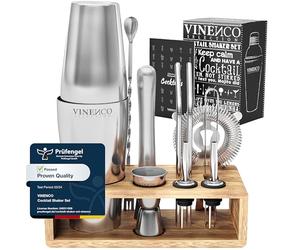 Cocktail Shaker Kit Boston avec Support + Livre Cocktail + d'Accessoires Professionnel: INOX Qualité Extra, Bar Ensemble: Cuillère a Mélange Pilon Jigger Paille | Gin Mojito Set Cadeau Femme Homme
