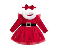 CocMouse Robe de Noël pour bébé fille nouveau-né à manches longues Père Noël rouge robe de princesse en tulle avec bandeau ensemble 2 pièces tenues (rouge, 6-12 mois)
