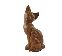 Coco Papaya Statue Chat et Chaton en Bois teinté sculpté à la Main 32cm