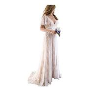 CoCogirls Robe de mariée en dentelle romantique Boho trou de serrure Robe de mariée avec manches de casquette Robes pleine dentelle Land Vintage Robe de mariée pour la mariée - Beige - 40