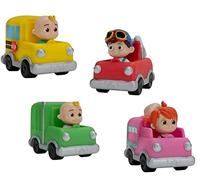 Cocomelon Lot de 4 camions poubelle JJ's, camion de crème glacée Yoyo, camion de pompiers TomTom's et bus scolaire JJ's