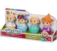 Cocomelon Weebles 4 Ensemble de figurines JJ en haut des manches bleues, JJ en pyjama, Tom Tom et YoYo