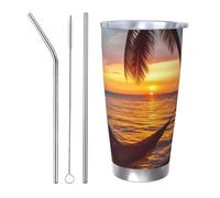 Coconut Beach Sunset Hamac Gobelet isotherme en acier inoxydable avec couvercle et paille - Tasse de voyage à double paroi pour chaud/froid - Anti-déversement - Pour la maison, le bureau, la voiture