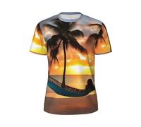 Coconut Beach Sunset Hamac Imprimé Hommes Confort Manches Course T-shirt Léger Mode Gym Running Casual Wear, Noir , L