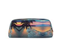 Coconut Beach Sunset Hamac Trousse à crayons en cuir avec fermeture éclair tridimensionnelle, simple et élégante, tendance et pratique, Argenté., Taille unique, Cartable