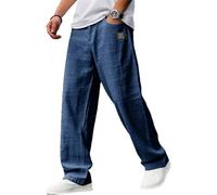 Cocoparo Pantalon Décontracté pour Hommes, Tissu de Chanvre, Logo Brodé, Taille Élastique avec Cordon, Poches (Navy Blue, 2XL(70-80 kg))