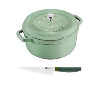 Cocotte 26 cm, Sauge, Fonte + Couteau de Chef 14 cm Vert Staub