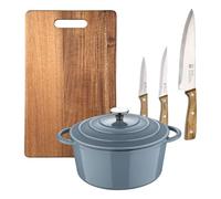 Cocotte avec couvercle de Ø25,5 x 12 cm en fonte couleur bleue + 3 cuillers en acier inoxydable + planche à découper 40 x 25 cm NOIA San Ignacio