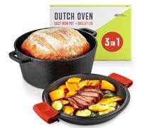 Cocotte en fonte 2 en 1 avec couvercle, cocotte en fonte de 5 litres avec couvercle à poêle en fonte, casserole en fonte avec couvercle, ensemble de casseroles et poêles en fonte pré-assaisonnées,