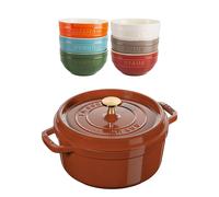 Cocotte en fonte 20 cm, Cannelle + Set bols macaron céramique Staub