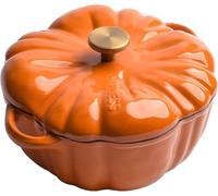 Cocotte en fonte émaillée avec couvercle, casserole en forme de citrouille de 1,5 l pour une cuisine polyvalente, plat à citrouille avec grandes poignées et passe au four et à la cuisinière (orange)