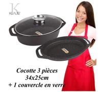 Cocotte - Klaus - Ovale 34x25cm - 3,5 L - 100% antiadhésif - Revêtement pierre - 3 pièces