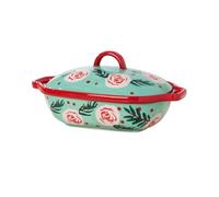 Cocotte Plat à four rectangulaire en céramique à double poignée, décoré de motifs floraux colorés et muni d'un couvercle.