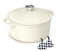 Cocotte ronde en fonte émaillée avec couvercle et maniques en coton - 26 cm 4,75 L - Cocotte antiadhésive robuste pour la cuisson du pain, braiser, ragoûts, rôtir - Blanc crème, 5 l