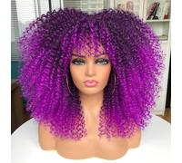 CoCrowns 40,6 cm Perruque afro bouclée avec frange Perruques longues et bouclées pour femmes noires Sans colle Entière et moelleuse comme une bombe Perruques à cheveux longs et bouclés (Ombre Violet)