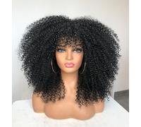 CoCrowns Perruque afro crépue bouclée avec frange pour femme noire sans colle, complète et moelleuse comme une bombe de cheveux longs bouclés (noir)