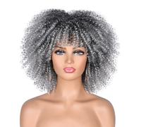 CoCrowns Perruque afro courte bouclée de 25,4 cm avec frange afro kinky curly pour femme noire en fibre synthétique (gris ombré)