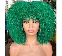 CoCrowns Perruque afro courte bouclée de 35,6 cm pour femme noire avec frange sans colle, pleine et moelleuse comme une bombe (vert)
