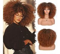 CoCrowns Perruque afro courte bouclée de 35,6 cm pour femmes noires, perruque afro crépue bouclée avec frange, sans colle, complète et volumineuse comme une bombe, perruque complète (marron ombré)