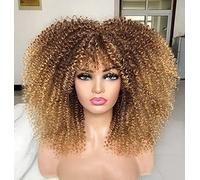 CoCrowns Perruque afro crépue bouclée avec frange pour femme noire sans colle, complète et moelleuse comme une bombe (blond ombré)