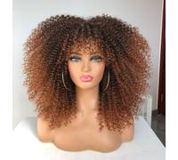 CoCrowns Perruque afro crépue bouclée avec frange pour femme noire sans colle, pleine et moelleuse comme une bombe (marron ombré)