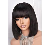 CoCrowns Perruque bob en cheveux humains - Densité 210 % - Avec frange - 100 % cheveux humains - Pour femmes noires - Pré-blanchie - Sans colle - Noir