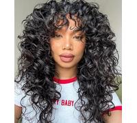 CoCrowns Perruque bouclée avec frange pour femme noire - Cheveux synthétiques longs bouclés - Pour usage quotidien - Cosplay - 43,2 cm - Noir