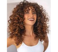 CoCrowns Perruque bouclée avec frange pour femme noire - Cheveux synthétiques longs et bouclés - Utilisation quotidienne - Cosplay - 43,7 cm (marron ombré)
