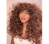 CoCrowns Perruque bouclée avec frange pour femme noire - Cheveux synthétiques longs et bouclés - Utilisation quotidienne - Cosplay - 43,7 cm (marron)