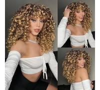 CoCrowns Perruque bouclée avec frange pour femme noire - Cheveux synthétiques longs et bouclés - Utilisation quotidienne - Cosplay - 43,7 cm (ombre blonde)