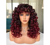 CoCrowns Perruque bouclée avec frange pour femmes noires, cheveux longs bouclés, cheveux synthétiques, usage quotidien, cosplay de 43 cm (rouge ombré)