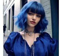 CoCrowns Perruque courte et ondulée avec épaules Air Bangs pour femme (bleu ombré)