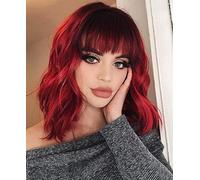 CoCrowns Perruque courte ondulée avec épaules Air Bangs pour femme (bordeaux)