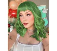 CoCrowns Perruque courte ondulée avec frange d'air, longueur épaule, pour femme, cheveux synthétiques courts et ondulés noirs (vert clair)