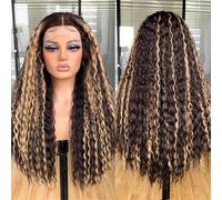 CoCrowns Perruque longue bouclée avec dentelle frontale pour femme noire, pré-épilée avec des cheveux de bébé, perruques bouclées en dentelle synthétique HD sans colle, 66 cm (mèches blond miel)