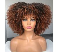 CoCrowns Perruques Afro Courtes Bouclées 14 pouces pour Femmes Noires Perruque Afro Kinky Bouclée avec Frange Sans Colle Complète et Volumineuse comme une Bombe Perruque Complète (Marron Ombré)