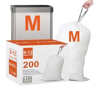 Code M (200 pièces) de 200 sacs poubelle en plastique robustes de 3,8 à 30,9 l d'épaisseur avec cordon de serrage renforcé, compatibles avec les sacs poubelle simplehuman Code M, blancs, 45 litres