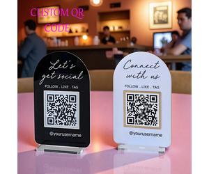 Code QR & Logo Texte Personnalisé (Ensemble de 1 pièce) - Panneau d'avis de commerçant personnalisé, logo d'entreprise minimaliste, petit panneau d'affichage en acrylique pour commerçant, panneau d'af