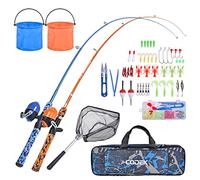 CODEK Kids Fishing Pole Set with Full Starter Kits 2 Set Portable Telescopic Fishing Rod and Spincast Reel Cambos with a Fishing Net and 2 Buckets for Boys Girls and Youth (Blue+Orange)