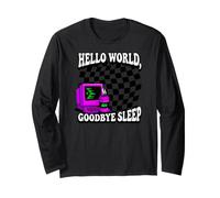 Coder Hello World Goodbye Sleep Computer Science Retro Manche Longue