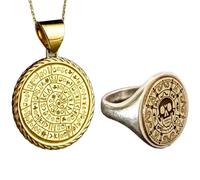 Codex du calendrier ancien, pendentif crâne et bague chevalière|0346 | Pendentif en argent sterling 925, plaqué or, 24 mm, représentant un guerrier symbolique. Bijou de collier.