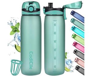 CodiCile Gourde 1L, Bouteille d'eau 1L Sans BPA, Bouteille de 1 litre étanche, Bouteille de sport en tritan avec filtre pour le fitness, la course, l'école, l'extérieur, Vert clair