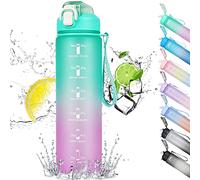 CodiCile Gourde Sport 1l avec paille,bouteille d'eau de motivation avec Marqueur de Temps,bouteille d'eau étanche avec couvercle sans BPA pour sport, gym, bureau, course à pied（Dégradé au vert）
