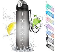 CodiCile Gourde Sport 1l avec paille,bouteille d'eau de motivation avec Marqueur de Temps,bouteille d'eau étanche avec couvercle sans BPA pour sport, gym, bureau, course à pied (noir)